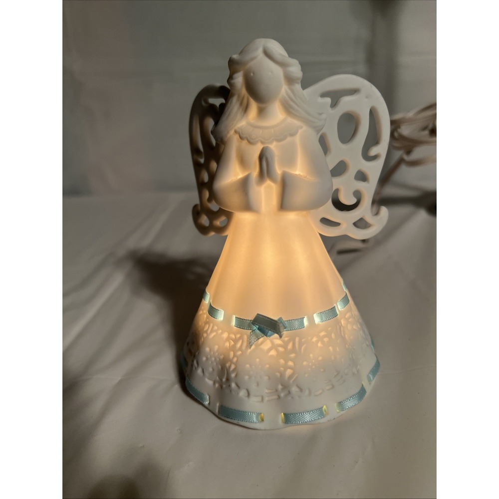 Lighted Praying Angel Blue Ribbon